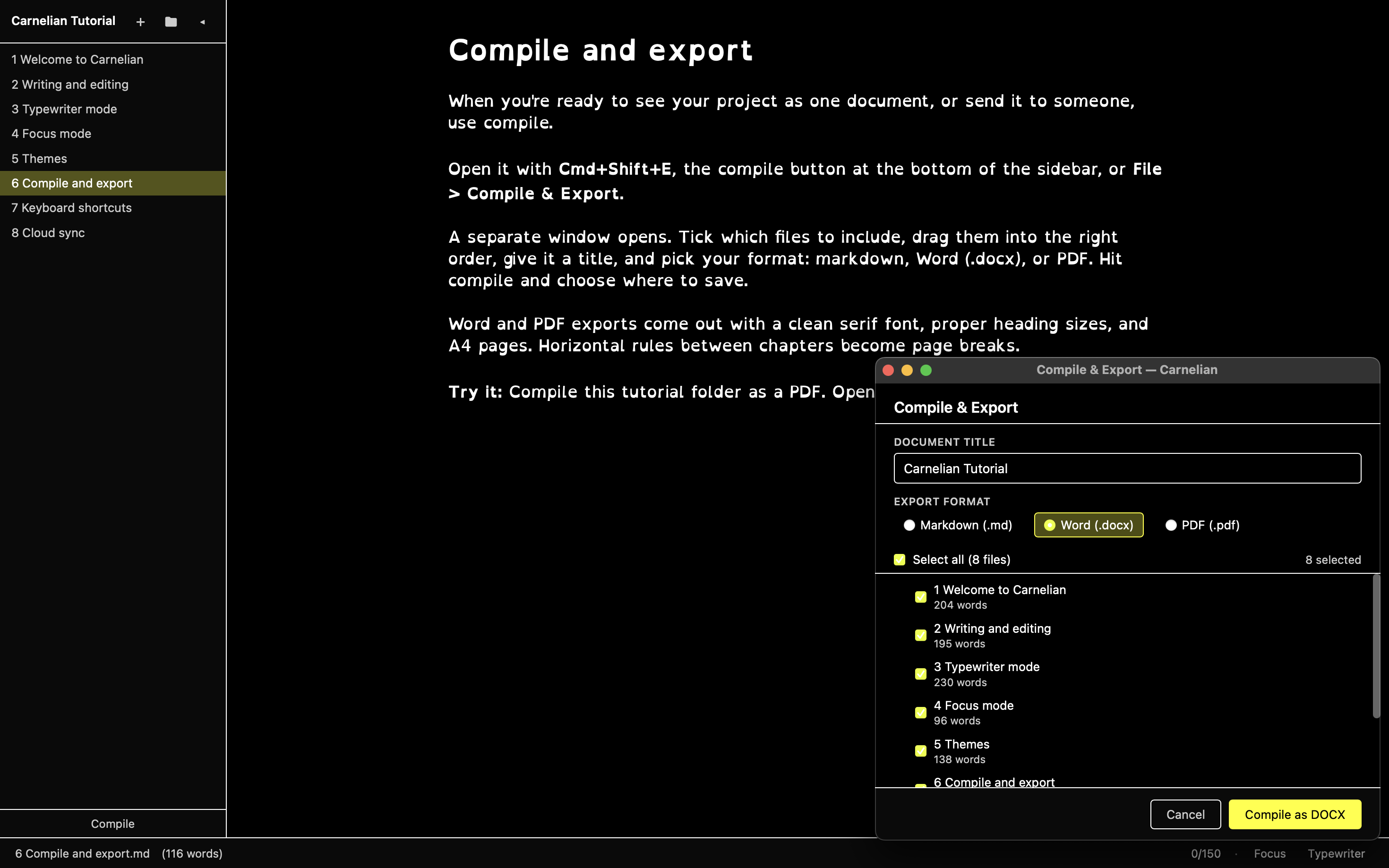 Compile and export dialog for building a manuscript